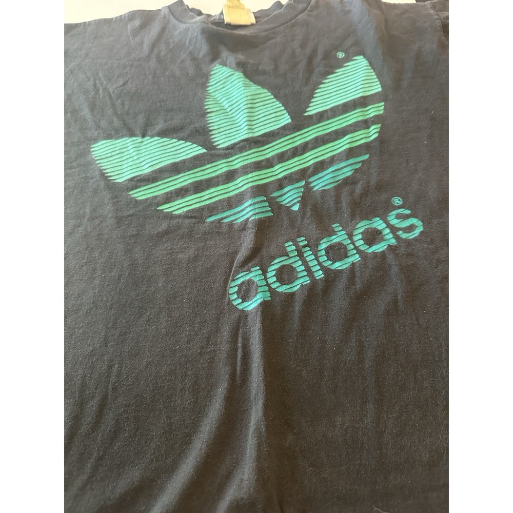 Vintage 90s Trefoil Adidas‎ Spell Out Faded Logo Graphic T-Shirt Black Size M - Picture 2 of 6